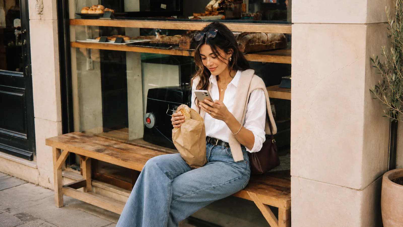 Trader checking the markets on a phone while sitting outside a cafe