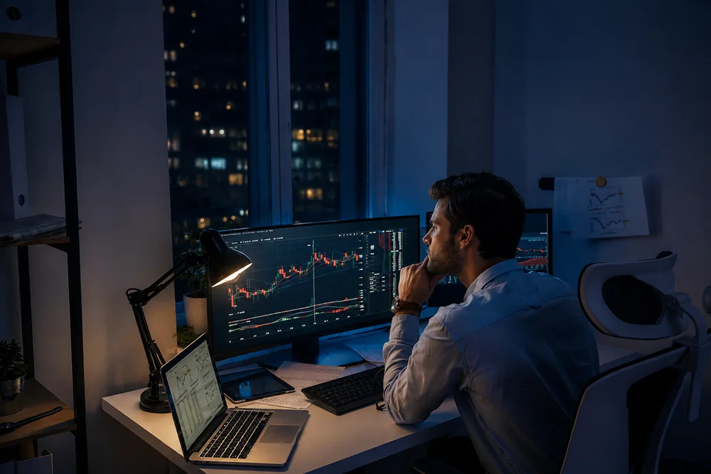 Trader studying candlestick charts on a monitor in a dark office at night