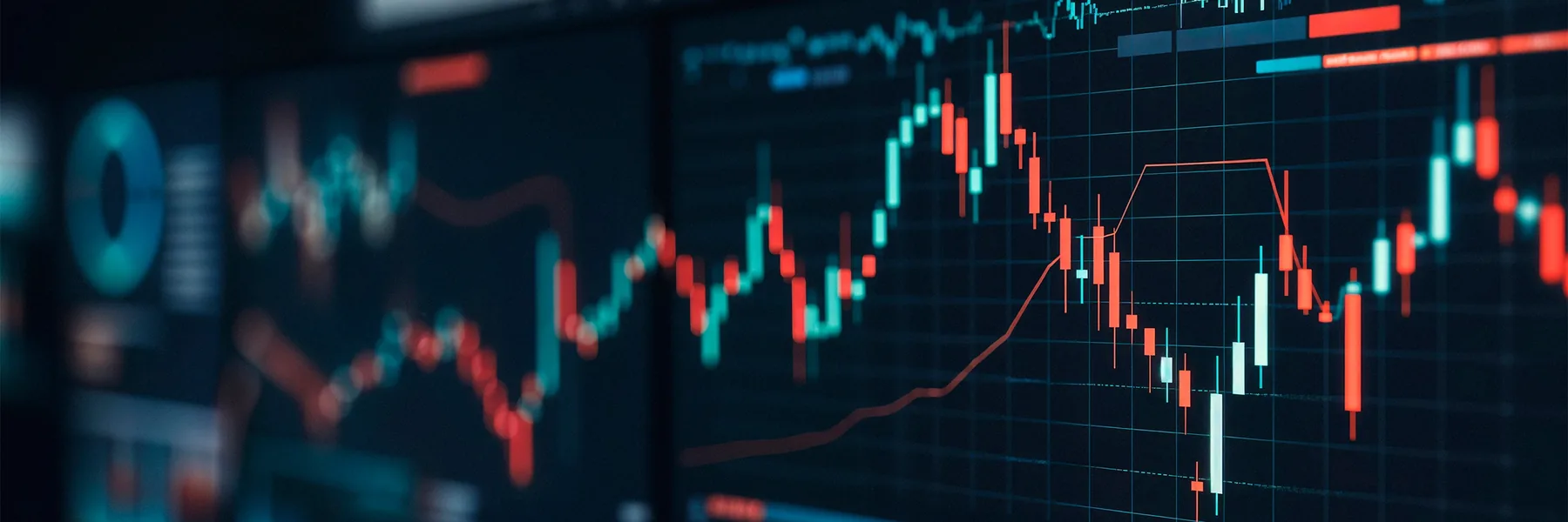 Trading screens showing red and green candlestick charts and price data