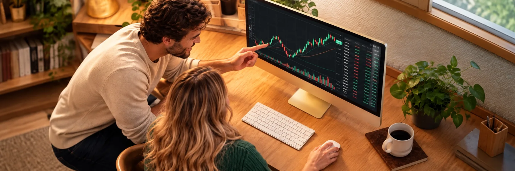 Two beginners at a home desk reviewing a candlestick chart on a monitor